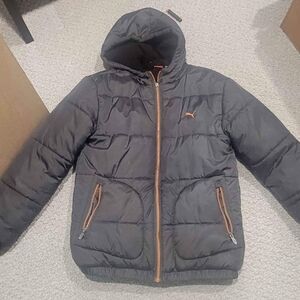 Puma Charcoal Hooded Jacket with Orange Accents. Youth L